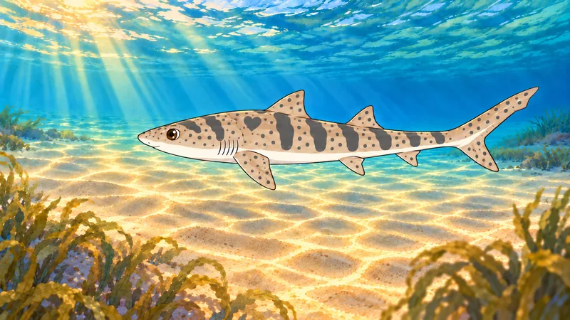 Ellie, a young leopard shark, swimming in green-blue water